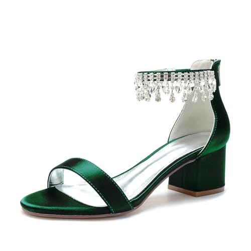 ENWIND Sandale Damen Offene Zehe Absatz Block Strass Hochzeitsschuhe mit Reißverschluss,Dark green,36 EU von ENWIND