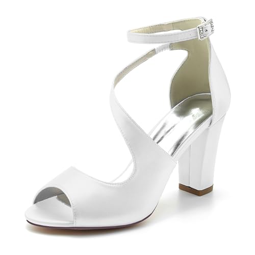 ENWIND Sandalen Mit Absatz Damen Offene Zehen Knöchelriemen Sommerschuhe Mit Blockabsatz,Weiß,38 EU von ENWIND