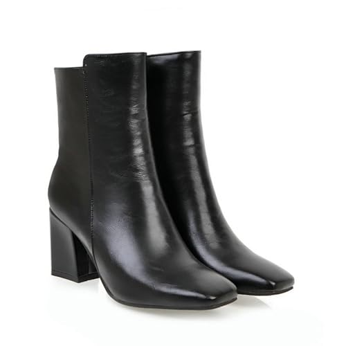 ENWIND Stiefeletten Mit Klobigem Absatz Für Damen Leder Quadrat Zehen Winterschuhe Reißverschluss Chelsea Kurze Stiefel,Schwarz,38 EU von ENWIND