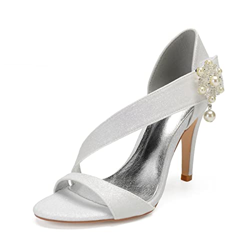 ENWIND Stöckelabsatz Glitter Sandalen Für Frauen Offene Zehen Perle High Heels Hochzeit Abend Kleid Schuhe,Elfenbein,38 EU von ENWIND