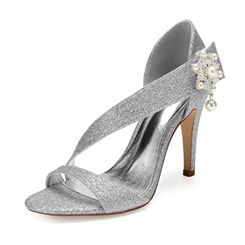 ENWIND Stöckelabsatz Glitter Sandalen Für Frauen Offene Zehen Perle High Heels Hochzeit Abend Kleid Schuhe,Silber,42 EU von ENWIND