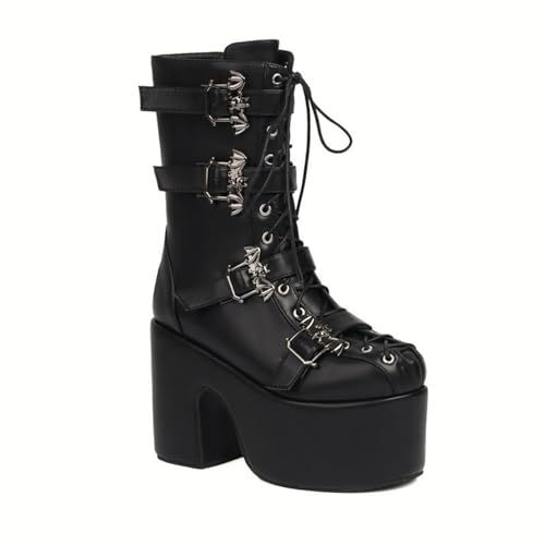 Frau PU Leder Gothic Stiefel Winter Ferse Block Stiefel Punks Plattform Party Schuhe,Schwarz,40 EU von ENWIND