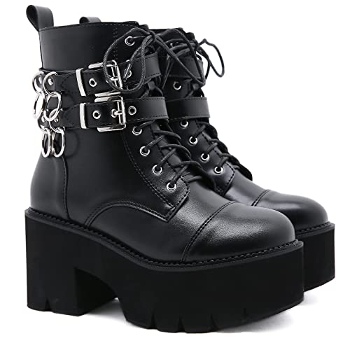Kampf Stiefel Gothic Dicke Kunstleder Stiefel High Heels Plattform Schnürschuhe für Frauen,Schwarz,41 EU von ENWIND