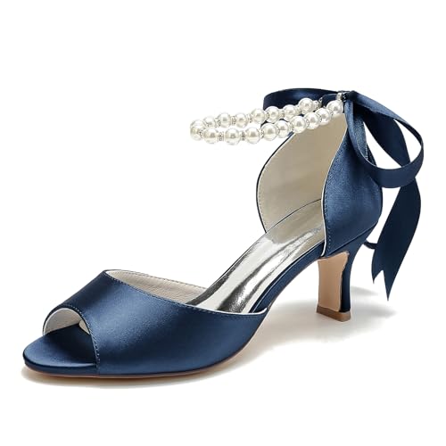 Sandale Mit Absatz Peep Zehen Kätzchen Absatz Satin Damen Brautschuhe,Marine,40 EU von ENWIND