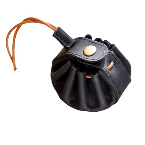 Genuine Leather Unisex Coin Purse Drawstring Key Holder with Snap Retro Wallet Money Pocket Mini Storage Bag Damen & Herren(Black) von ENWWCH