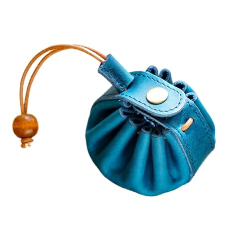 Genuine Leather Unisex Coin Purse Drawstring Key Holder with Snap Retro Wallet Money Pocket Mini Storage Bag Damen & Herren(Blue) von ENWWCH
