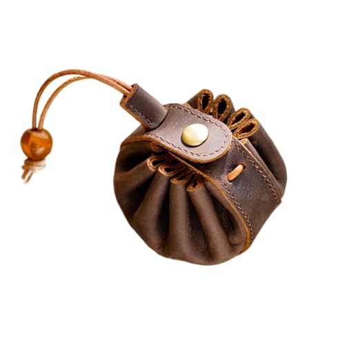 Genuine Leather Unisex Coin Purse Drawstring Key Holder with Snap Retro Wallet Money Pocket Mini Storage Bag Damen & Herren(Coffee) von ENWWCH