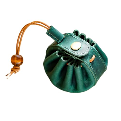 Genuine Leather Unisex Coin Purse Drawstring Key Holder with Snap Retro Wallet Money Pocket Mini Storage Bag Damen & Herren(Green) von ENWWCH