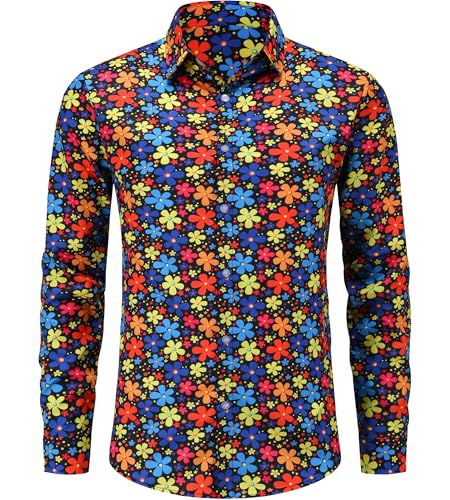 ENXIX Herren 70er Jahre Hemd Langarm Button Down Retro Disco Kostüm Hippie Outfit für Herren, Hippie Floral -2, XL von ENXIX