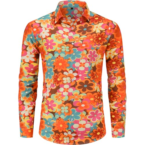 ENXIX Herren 70er Jahre Hemd Langarm Button Down Retro Disco Kostüm Hippie Outfit für Herren, Hippie Floral -3, Mittel von ENXIX