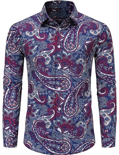 Lustige 70er Jahre Shirts Disco Hip Hop Langarm Kleid Hemd Casual Button Down Hemd für Herren, Dunkelblau und Paisleymuster, XL von ENXIX