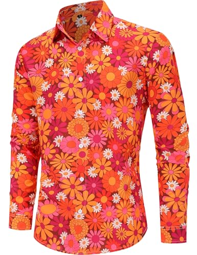 Lustige 70er Jahre Shirts Disco Hip Hop Langarm Kleid Hemd Casual Button Down Hemd für Herren, Hippie-Blumenmuster, 3X-Groß von ENXIX