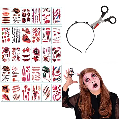 Blutige Schere Messer im Kopf, Halloween Messer im Kopf Blutige Haarreif, 30pcs Halloween Zombie Scars Tattoo Grusel Zombie Accessoires Horror Kostüm Gruselkostüm (A) von ENYACOS