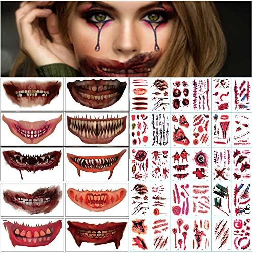 ENYACOS 30 Stück Halloween Narben Temporäre Tattoos+12Pcs Halloween Temporäre Gesicht Tattoos fake tattoos frauen Halloween Temporäre Gesicht Tattoos Zipper Mund Scary Mund Zähne Gefälschte Tattoos von ENYACOS