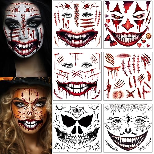 ENYACOS 5 Blätter Halloween Gesichtstattoo+1 Blätter narben tattoos，skelett zombie clown teufel und hexen tattoo gesicht,Halloween Mund Tattoo，Halloween Make up Accessoires (A) von ENYACOS