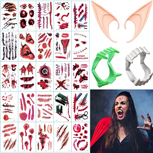 ENYACOS Gefälschte Vampirzähne elfenohren mit Temporäre Tattoos Vampirzähne Erwachsene Kinder halloween kostüm damen herren Halloween Party Karneval Dekorationen halloween schminke (A) von ENYACOS