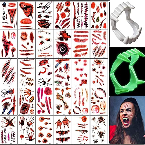 ENYACOS Gefälschte Vampirzähne mit Tattoos,Vampirzähne Erwachsene Kinder Halloween Temporäre Tattoos(Beinhaltet eine Leuchtend vampirzähne) Halloween Party Karneval Dekorationen von ENYACOS