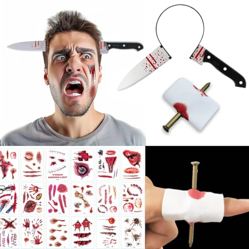 ENYACOS Halloween Messer durch Kopf Stirnband + 30pcs Temporäre Zombie Wunde Tattoos Gruselige Halloween Requisiten für Erwachsene Realistisches Messer Stirnband & Fake Tattoos für Halloween Make-up von ENYACOS