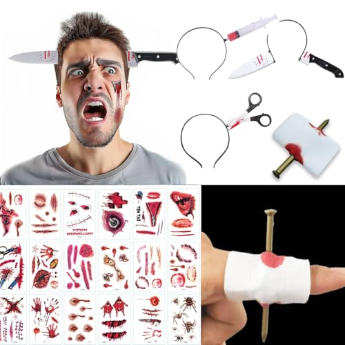 ENYACOS Halloween Messer durch Kopf Stirnband + 30pcs Temporäre Zombie Wunde Tattoos Gruselige Halloween Requisiten für Erwachsene Realistisches Messer Stirnband & Fake Tattoos für Halloween Make-up von ENYACOS
