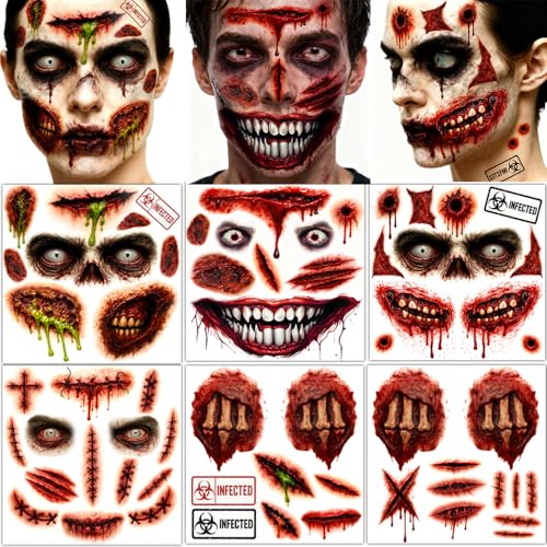 ENYACOS Halloween Tattoos Gesicht Narben Set – 4 Stück Halloween Tattoo Gesicht Zombie + 2 Stück Wunden Tattoo Realistisch – Bluttattoos Narben zum Aufkleben für Fasching & Cosplay (A) von ENYACOS