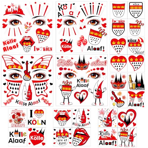 ENYACOS Köln Karneval Gesichtstattoos – 10 Bögen Temporäre Tattoos Aufkleber in Rot und Weiß für Karneval, Fasching & Kölle Alaaf Kostüme,face sticker karneval accessoires (A) von ENYACOS