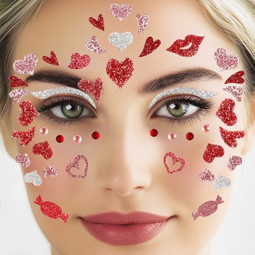 ENYACOS Love Face Art Sticker – Glitzer Herz Aufkleber für Karneval, Fasching, Halloween & Cosplay – Temporäre Gesichtstatoos – Selbstklebend & Wasserdicht, Ideal für Schminke Fasching Karneval von ENYACOS