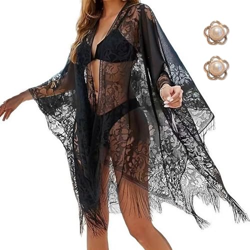 EOAMGO Kimono Damen Sommer, Strand Kimono aus Durchbrochener Spitze, Reise Urlaub Kimono Damen Strand Wird mit 2 Perlennadeln Geliefert (Schwarz) von EOAMGO
