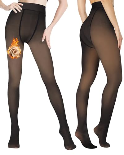 EOAMGO Thermo Strumpfhose Damen Winter, 220g Fleece Gefütterte Strumpfhose, Gefälschte Durchscheinend Plüschstrümpfe Pantyhose für 5~15 °C (DE/NL/SE/PL, Alphanumerisch, L, Regular, Regular, Schwarz) von EOAMGO
