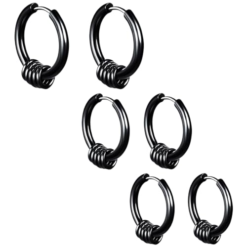 EODKSE 3 Paare Herren-Ohrringe aus Edelstahl: Set mit Creolen Hoops, für Männer und Frauen, Passend für Knorpel-, Helix- und Piercing-Ohren, Coole, schwarze Ohrringe als Statement in der Punk-Mode von EODKSE