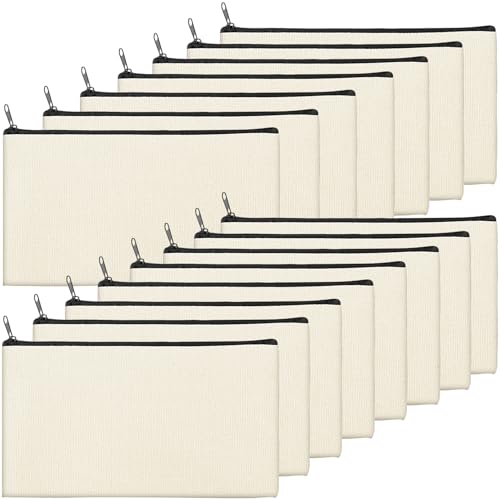 EOGRFW 15 Stück DIY Blanko Stoffbeutel,Baumwoll-Leinwand mit Reißverschlus,Kosmetiktasche Klein,Stoff Federmäppchen,Stoffbeutel zum Bemalen,Tasche für DIY-Heimarbeit,Arbeit,Schule,Reisen,21 x 12 cm von EOGRFW