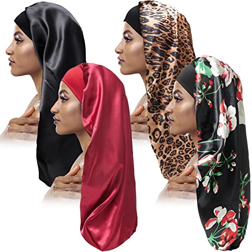 EOGRFW Satin Haarhaube Lang,4 StüCk SchlafmüTze Satin Haube Schlafen,Schlafhaube Seide,Satin Bonnet Sleep Cap für Damen und Mädchen Langes Langes Lockiges Haar Braids (Schwarz,Rot,Leopard,Geblümt) von EOGRFW