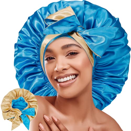 EOGRFW Satin Schlafmütze für Damen,Extra Große Seidenhaube zum Schlafen,Satin Haarhaube Schlafhaube Seide,Doppelschicht Seide Schlafmütze mit Krawatte für Damen und Mädchen(Blau Gold) von EOGRFW