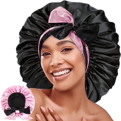 EOGRFW Satin Schlafmütze für Damen,Extra Große Seidenhaube zum Schlafen,Satin Haarhaube Schlafhaube Seide,Doppelschicht Seide Schlafmütze mit Krawatte für Damen und Mädchen(Schwarz Rosa) von EOGRFW