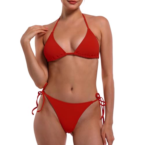 EONAR Bikini Damen Set Sexy Klassischer Triangel Bikini Oberteil Verstellbare Zweiteiliger Badeanzug Hohe Elastizität Bademode Einfarbig Bikini für Frauen(S,Red) von EONAR