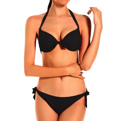 EONAR Damen Bademode Nackenträger Push up Bikinioberteil mit Underwire Einstellbar Seitlich Bindungen Bikini-Sets, Gr.- 70D/75D/80C/85B (XL)Black von EONAR