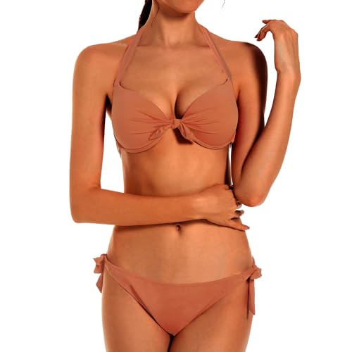 EONAR Damen Bademode Nackenträger Push up Bikinioberteil mit Underwire Einstellbar Seitlich Bindungen Bikini-Sets, (Größe:40-42)70D/75D/80C/85B, Khaki von EONAR