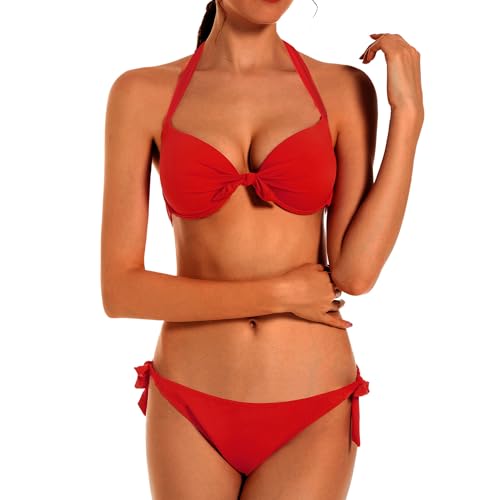 EONAR Damen Bademode Nackenträger Push up Bikinioberteil mit Underwire Einstellbar Seitlich Bindungen Bikini-Sets, (Größe:32)65A/65B/70A, Rot von EONAR