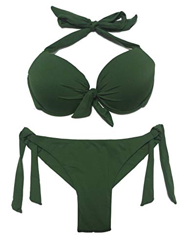 EONAR Damen Bademode Nackenträger Push up Bikinioberteil mit Underwire Niedriger Bund Bikinihosen Seitlich zu binden Brazil Bikinislip Bikini Sets(L,Army Green) von EONAR
