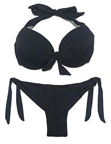 EONAR Damen Bademode Nackenträger Push up Bikinioberteil mit Underwire Niedriger Bund Bikinihosen Seitlich zu binden Brazil Bikinislip Bikini Sets(L,Black) von EONAR