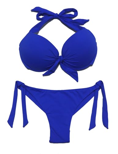 EONAR Damen Bademode Nackenträger Push up Bikinioberteil mit Underwire Niedriger Bund Bikinihosen Seitlich zu binden Brazil-Bikinislip, (Größe:38)70C/75C/80B, Blau von EONAR