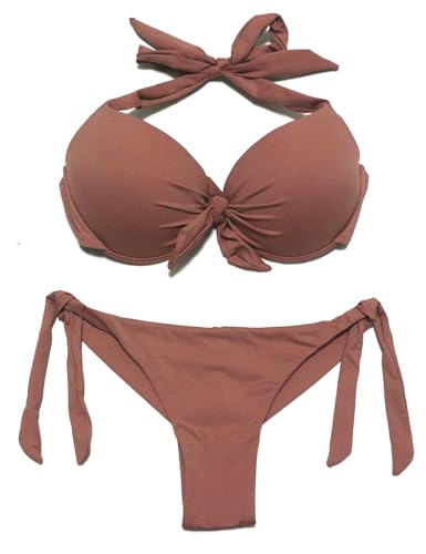 EONAR Damen Bademode Nackenträger Push up Bikinioberteil mit Underwire Niedriger Bund Bikinihosen Seitlich zu binden Brazil Bikinislip Bikini Sets(L,Khaki) von EONAR