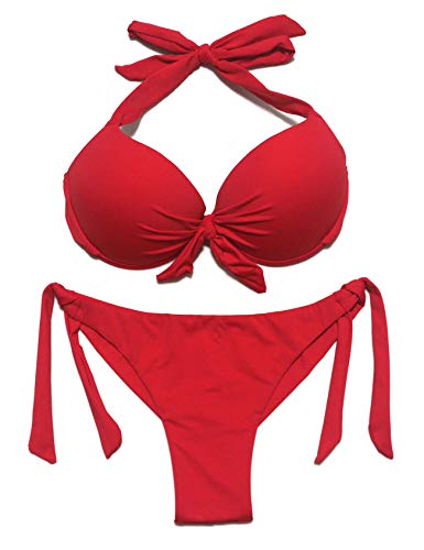 EONAR Damen Bademode Nackenträger Push up Bikinioberteil mit Underwire Niedriger Bund Bikinihosen Seitlich zu binden Brazil Bikinislip Bikini Sets(M,Red) von EONAR