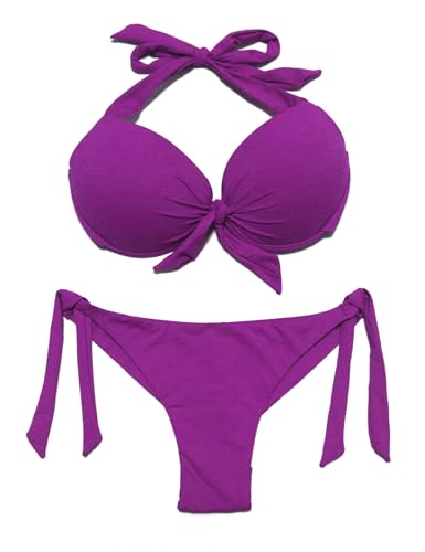 EONAR Damen Bademode Nackenträger Push up Bikinioberteil mit Underwire Niedriger Bund Bikinihosen Seitlich zu binden Brazil Bikinislip Bikini Sets(S,Purple) von EONAR