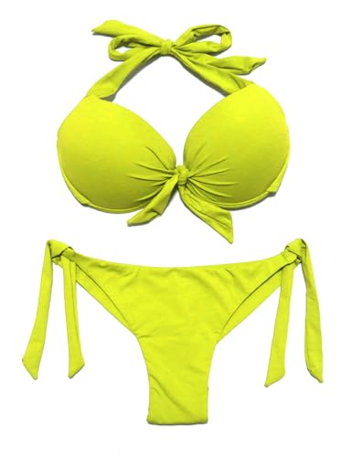 EONAR Damen Bademode Nackenträger Push up Bikinioberteil mit Underwire Niedriger Bund Bikinihosen Seitlich zu binden Brazil Bikinislip Bikini Sets(S,Yellow) von EONAR