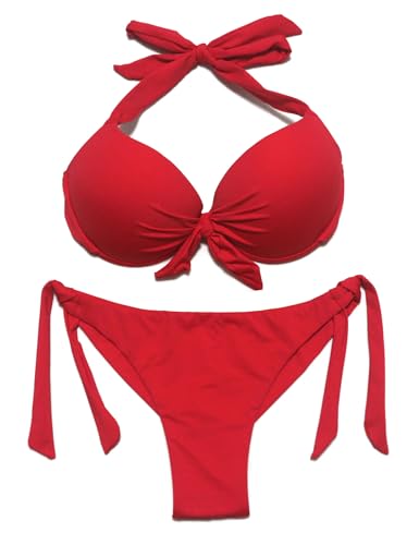 EONAR Damen Bademode Nackenträger Push up Bikinioberteil mit Underwire Niedriger Bund Bikinihosen Seitlich zu binden Brazil Bikinislip Bikini Sets(XL,Red) von EONAR