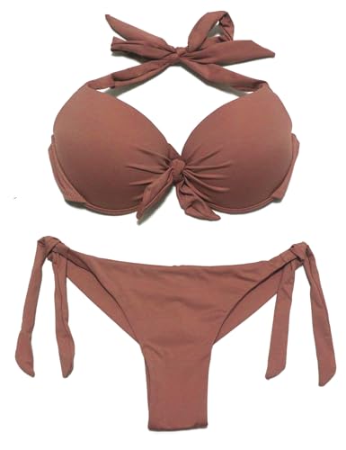EONAR Damen Bademode Nackenträger Push up Bikinioberteil mit Underwire Niedriger Bund Bikinihosen Seitlich zu binden Brazil Bikinislip Bikini Sets(XXL,Khaki) von EONAR