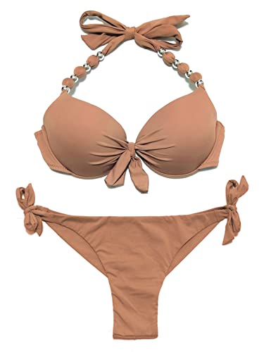 EONAR Damen Bademode Push up Bikini-Oberteil mit Bügel Niedriger Bund Bikinihosen Seitlich zu binden Brasilianischer Slip, (Größe:38)70C/75C/80B, Khaki von EONAR