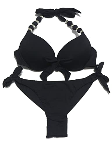 EONAR Damen Bademode Push up Bikini-Oberteil mit Bügel Niedriger Bund Bikinihosen Seitlich zu binden Brasilianischer Slip Bikini Set(S,Black) von EONAR