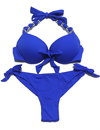 EONAR Damen Bademode Push up Bikini-Oberteil mit Bügel Niedriger Bund Bikinihosen Seitlich zu binden Brasilianischer Slip Bikini Set(S,Blue) von EONAR