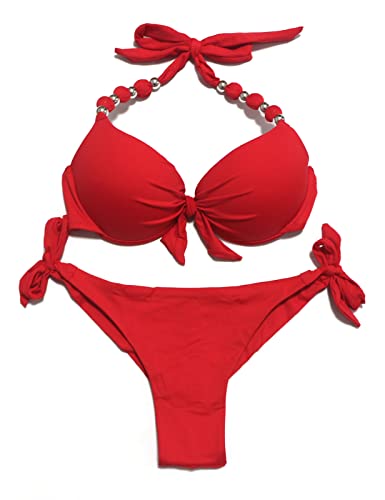 EONAR Damen Bademode Push up Bikini-Oberteil mit Bügel Niedriger Bund Bikinihosen Seitlich zu binden Brasilianischer Slip Bikini Set(XXL,Red) von EONAR